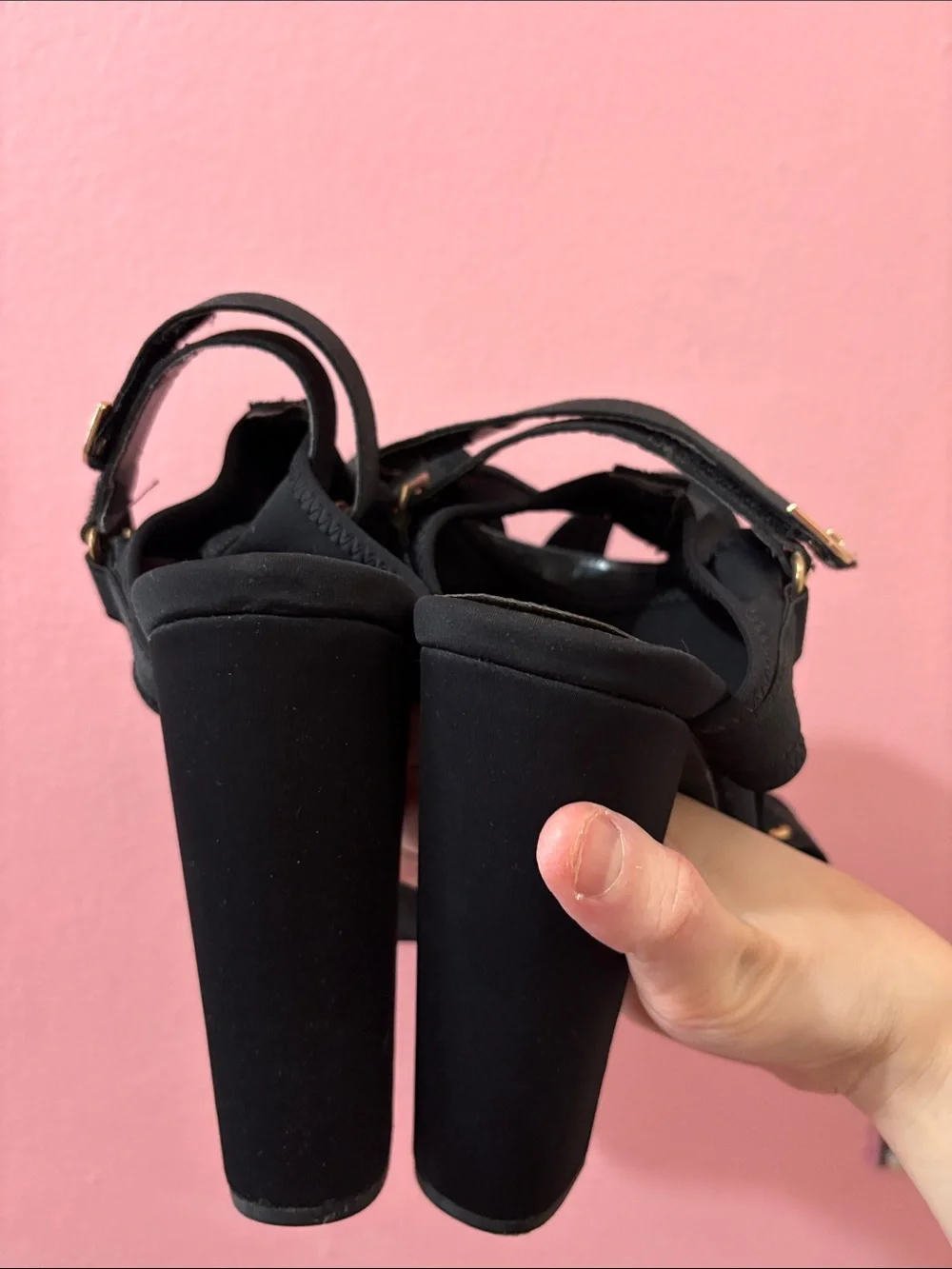 Liliana Black High Heel Platform Shoes with Ankle Straps and Gold Detaild